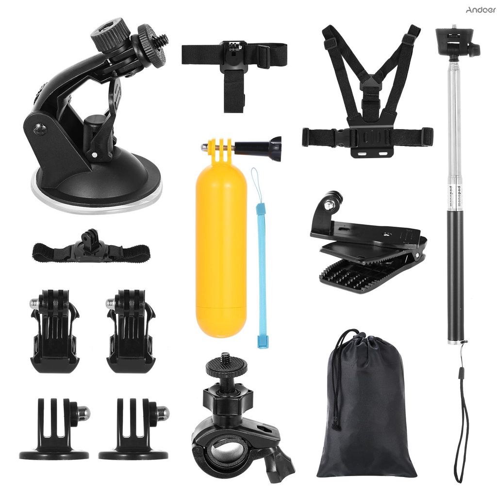 ✧ Andoer 14-in-1 Action Camera Accessories Kit Sports Camera Accessories Set Replacement for GoPro Hero 9 8 Max 7 6 5 Insta360 Xiaomi YI Action Cameras with Carrying Bag