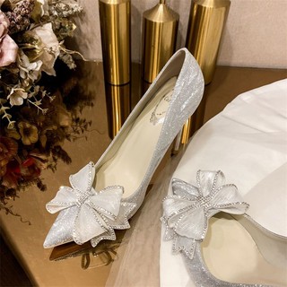 Giày Cao Gót Màu Bạc Đính Nơ Phong Cách Thời Trang Mùa Xuân 2021 Cho Nữ