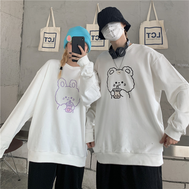 Áo Sweater Tay Dài Dáng Rộng In Hình Gấu Đáng Yêu Thời Trang Mùa Thu