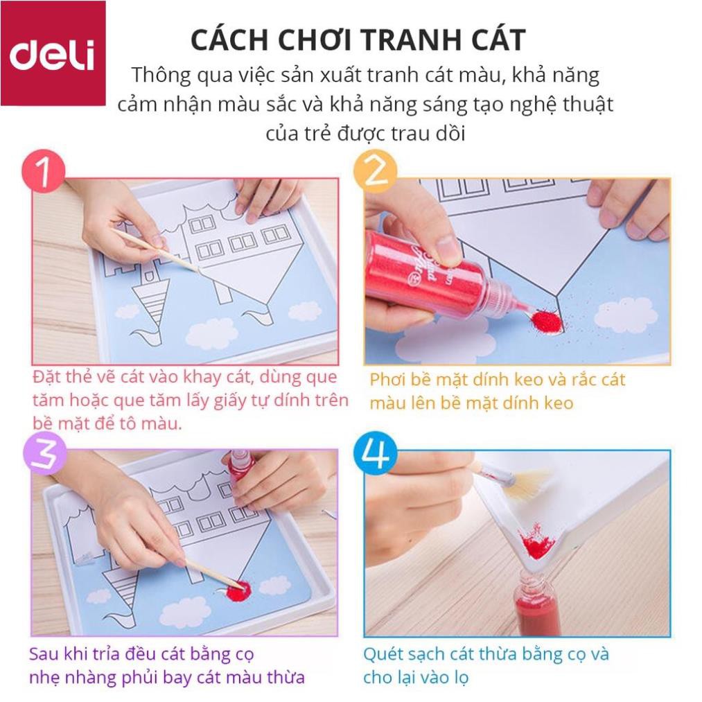 Bộ tranh cát Deli - bộ gồm 12 màu, 14 tranh, 1 cọ, 1 khay - 9674 [Deli]