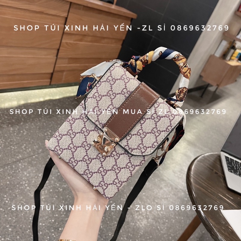 túi đeo chéo, túi điện thoại đứng dáng hộp khoá sập( tặng kèm khăn lụa)