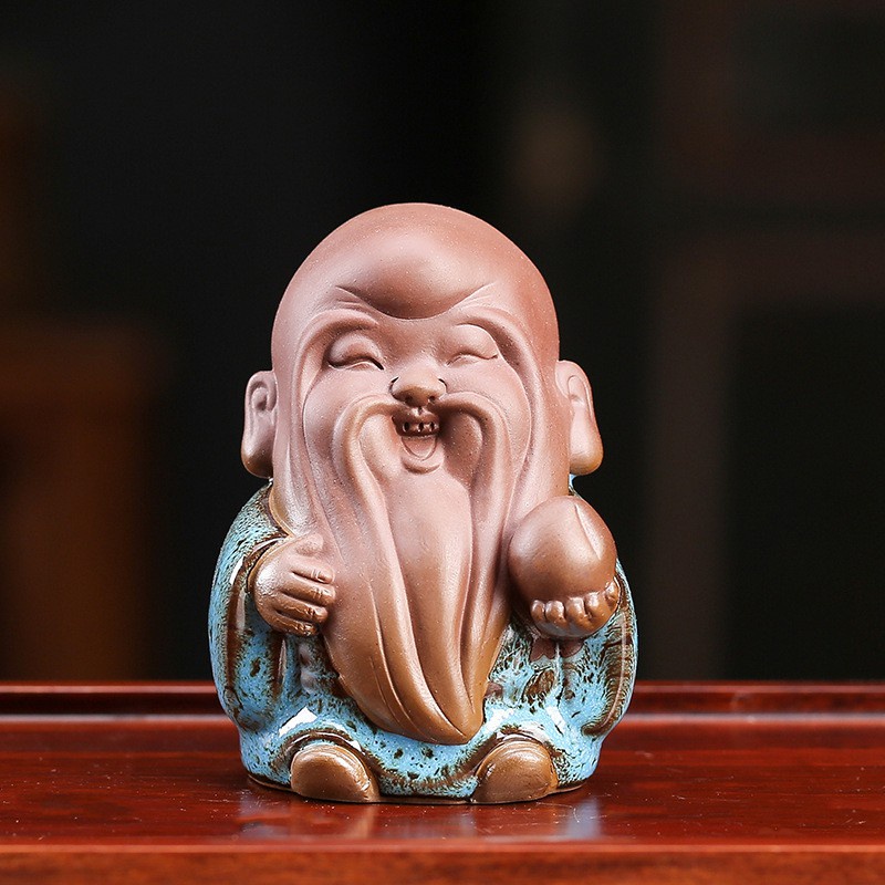 Tượng Tam đa gốm tử sa men bóng đặc biệt- Tượng gốm tam đa trang trí decor bàn trà, tiểu cảnh bonsai phối lũa