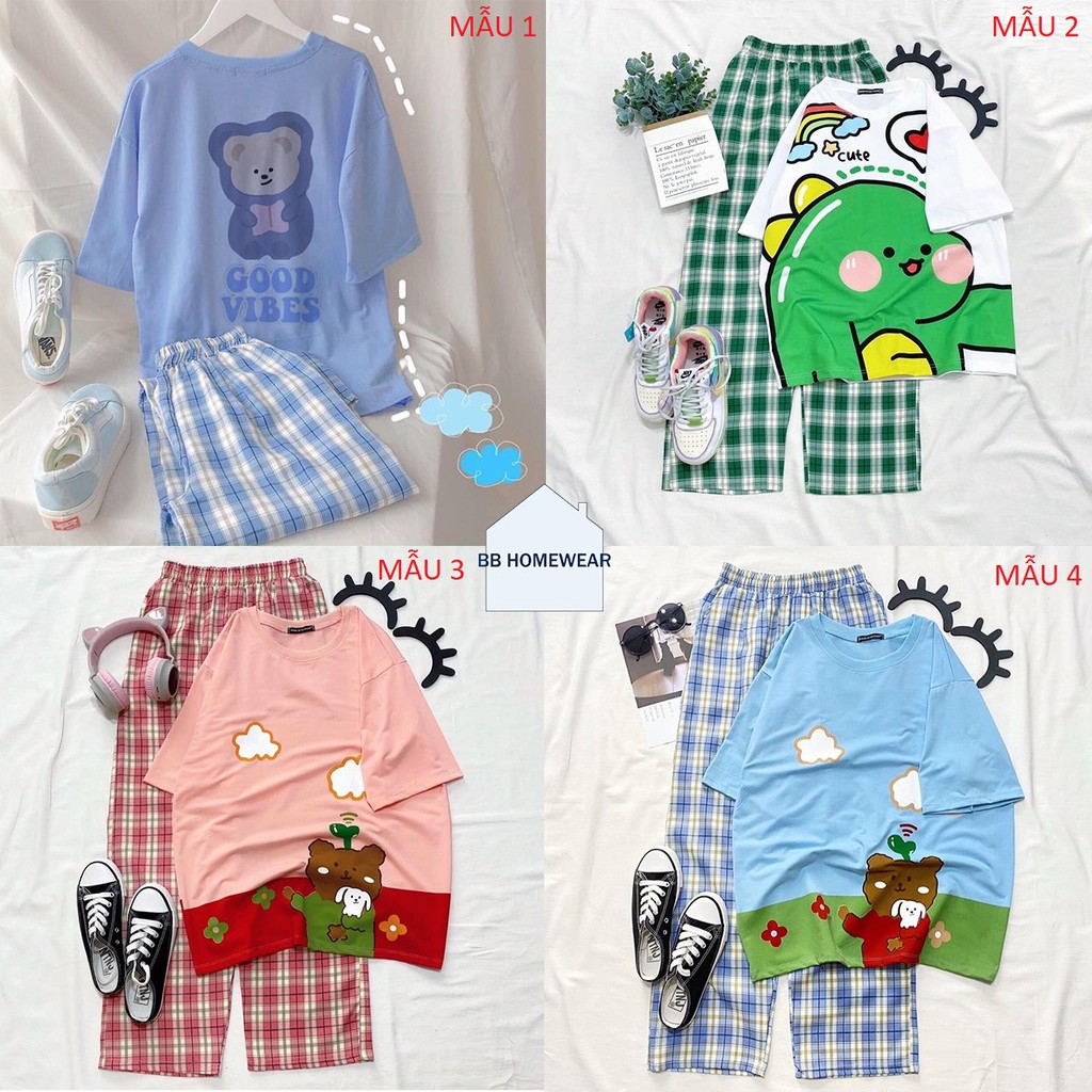 Sét Bộ Áo In Hình Cute Và Quần Kẻ Đẹp Mặc Mùa Hè, Mặc Ở Nhà, Áo Phông Cotton Mát Mịn Phong Cách Hàn Quốc