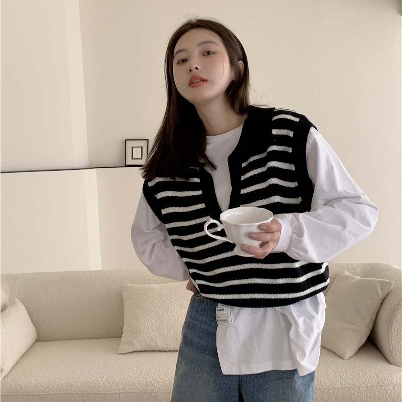 Áo dệt kim ZHELIHANGFEI sát nách lưng cao kẻ sọc cá tính dễ phối đồ