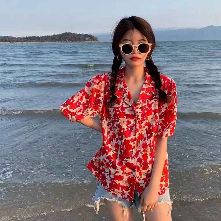 Áo sơ mi SUXI tay ngắn dáng rộng in họa tiết hoa màu đỏ phong cách vintage thời trang mùa hè dành cho nữ