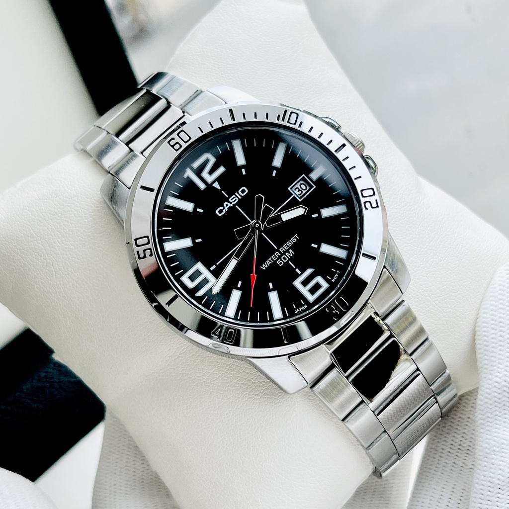 Đồng hồ nam dây thép Casio MTP VD01D-1E Mặt đen số hoc trò - Kính khoáng - Size 45mm Bảo hành 1 năm Hyma watch