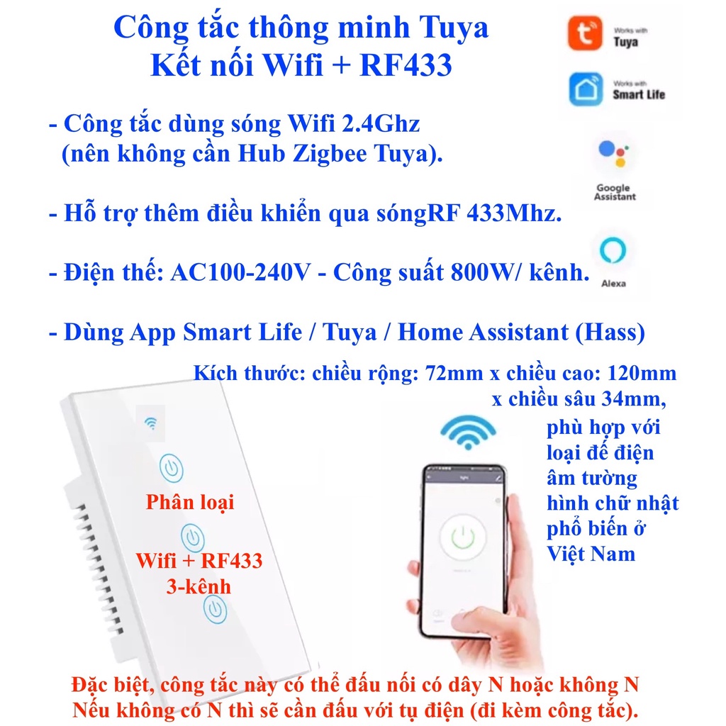 Công tắc thông minh Tuya Basic, kết nối Wifi, Zigbee, RF433, App Smart Life hoặc Tuya.