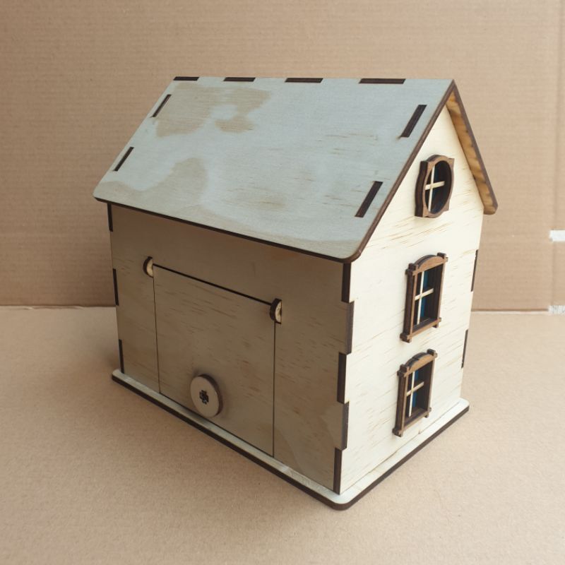 Hộp tiết kiệm hình ngôi nhà bằng gỗ, heo đất, Saving box