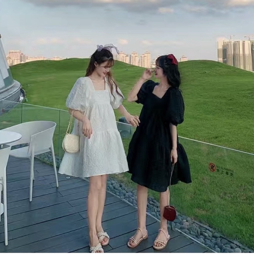 Váy nữ dáng xòe cổ hình vuông chữ U phong thái Ulzzang siêu xinh thời trang dành cho phái đẹp đi dạo đi tiệc