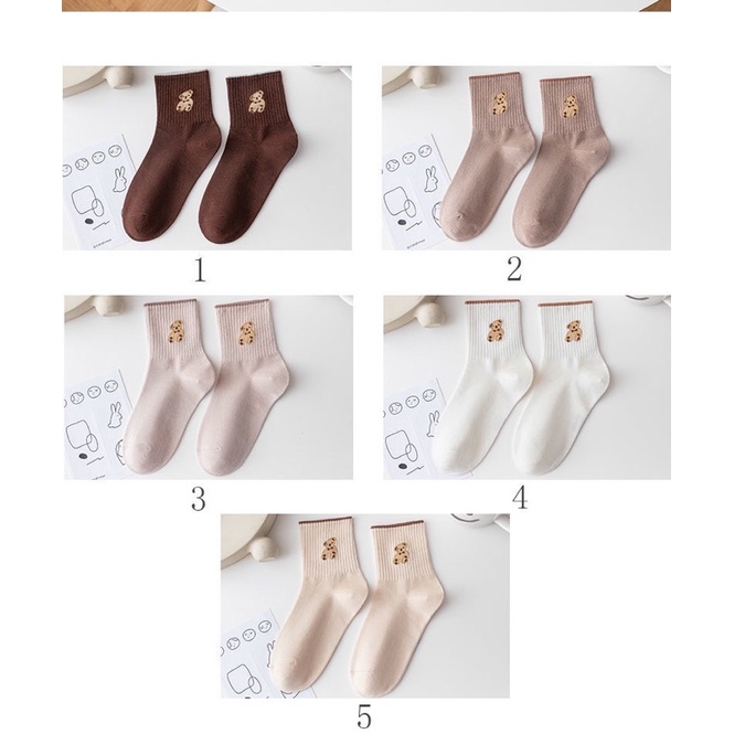 Sét 5 Đôi Tất dệt kim cổ cao thêu gấu Phong Cách Vintage Hàn Quốc