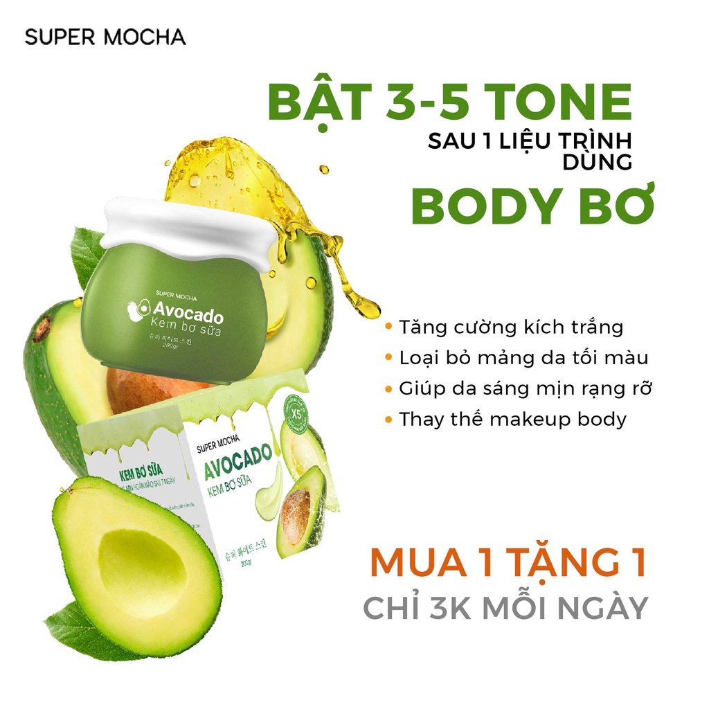 Kem body trắng da bơ sữa dưỡng trắng da body makeup, chống nắng toàn thân SUPER MOCHA