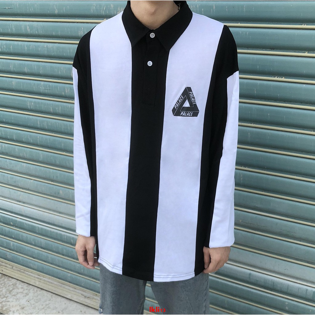 PALACE 19SS black and white stripes stitching contrast triangle LOGO lapel POLO shirt long sleeve sweater men and women tide