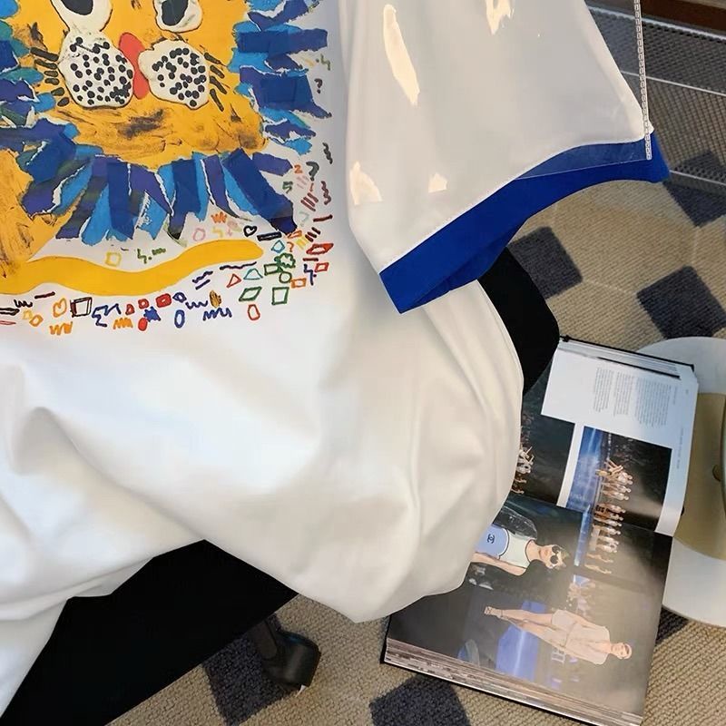 Áo Thun Ngắn Tay In Hoạt Hình Sư Tử Phối Màu Tương Phản Cá Tính Cho Nữ