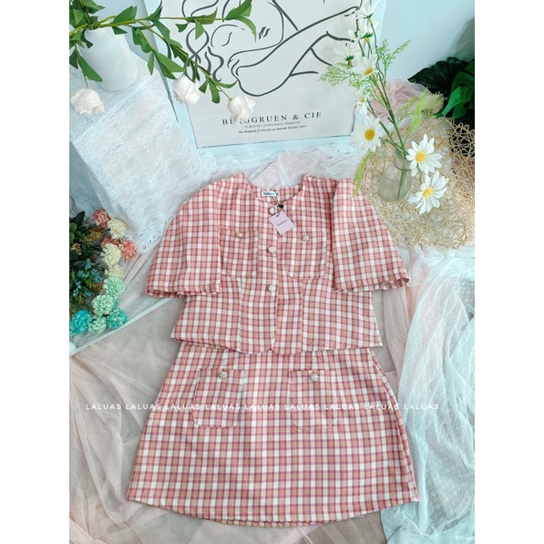 Set áo chân váy bigsize caro hồng