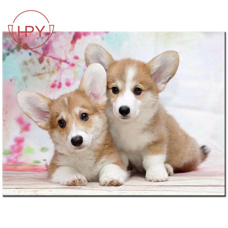 Tranh thêu chữ thập đính đá hình chó corgi 3D DIY