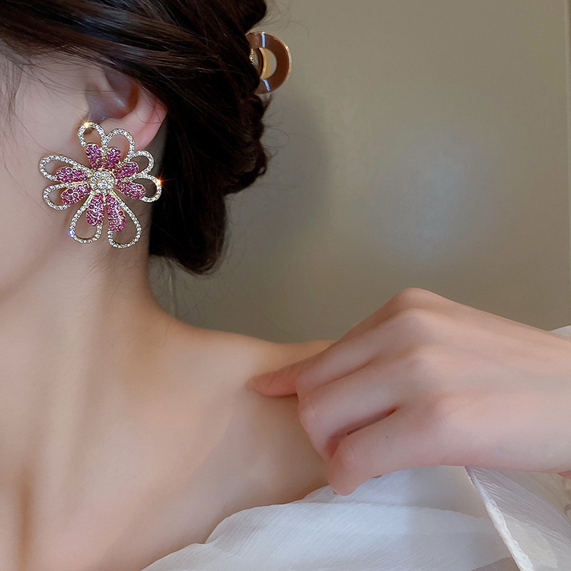 Bông Tai Mạ Bạc Hình Hoa Đính Kim Cương Phong Cách Âu Mỹ Sang Trọng Cho Nữ