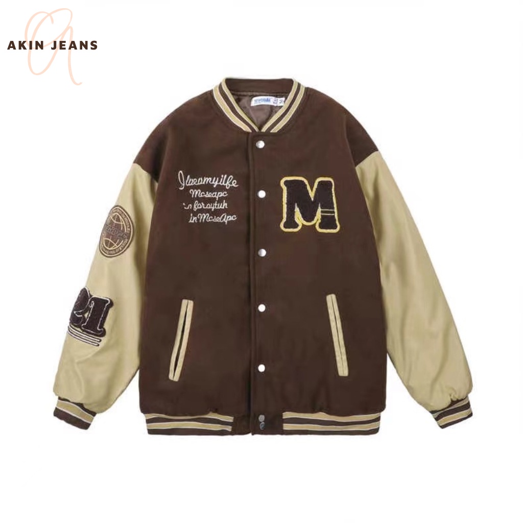 Áo Khoác Bomber  Vải Nỉ Phối Tay Hoạ Tiết, Akin Jeans, Áo Bomber Unisex Form Rộng Phong Cách Ullazang Hàn Quốc, APND