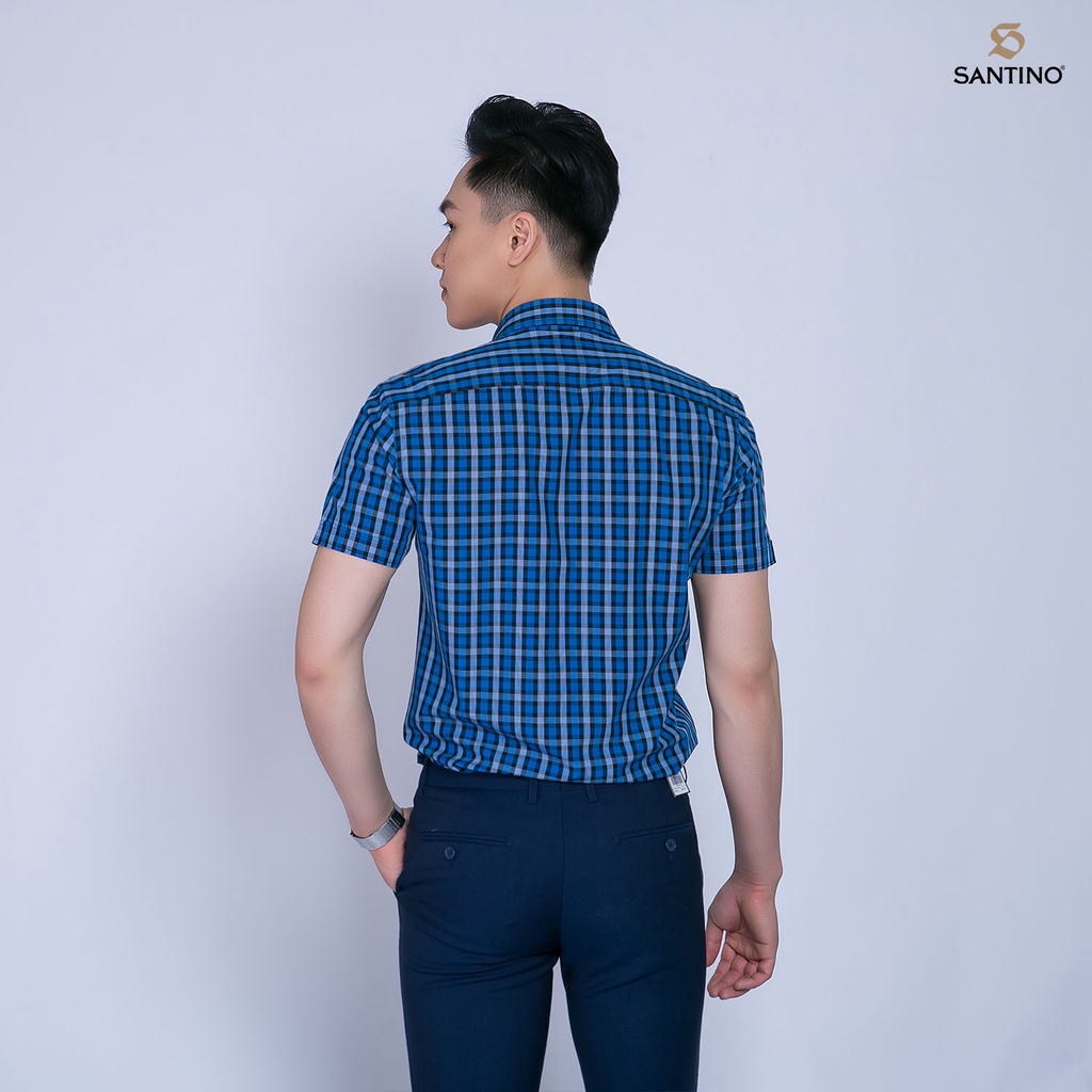 Áo sơ mi nam SỢI TRE ngắn tay Santino, màu xanh đậm hoạ tiết caro, dáng slim trẻ trung 616
