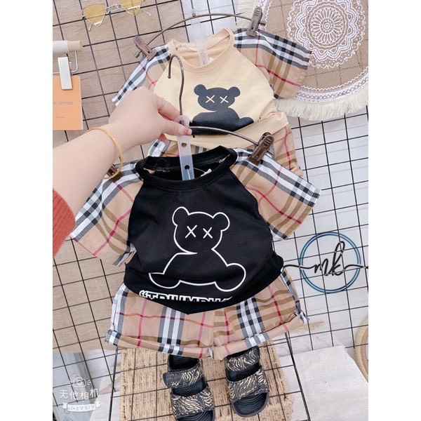 BỘ RAGLAN TAY PHỐI KẺ IN HÌNH GẤU DỄ THƯƠNG CHO BÉ (hàng loại 1)