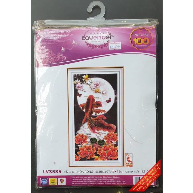 Tranh thêu chữ thập Cá Chép hóa Rồng LV3535 , tranh đá LV577