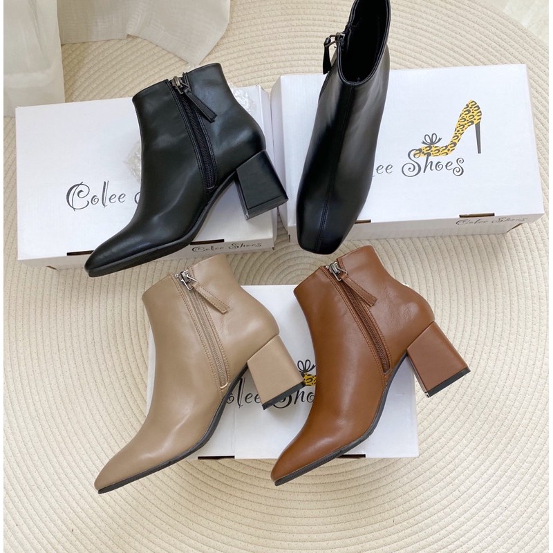 Giày boots nữ cao gót mũi vuông cổ ngắn thời trang cao cấp COLEE gót vuông 5cm (Mã SP: BOTCL053)