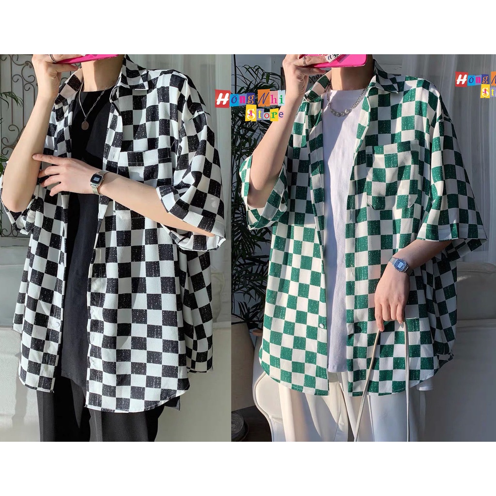 Áo Sơ Mi Họa Tiết Caro Tay Lỡ Đi Biển Dáng Rộng Ulzzang Unisex - MM