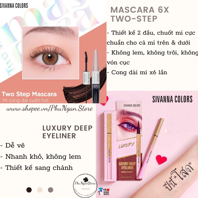 [Combo]Mascara 2 đầu 6X Two-Step và kẻ mắt Luxury Deep Eyeliner Sivanna Colors Thái Lan chuyên dụng cho makeup