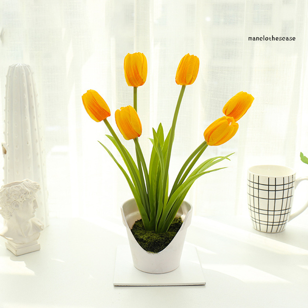 Chậu Hoa Tulip Nhân Tạo 6 Bông Trang Trí Nhà Cửa