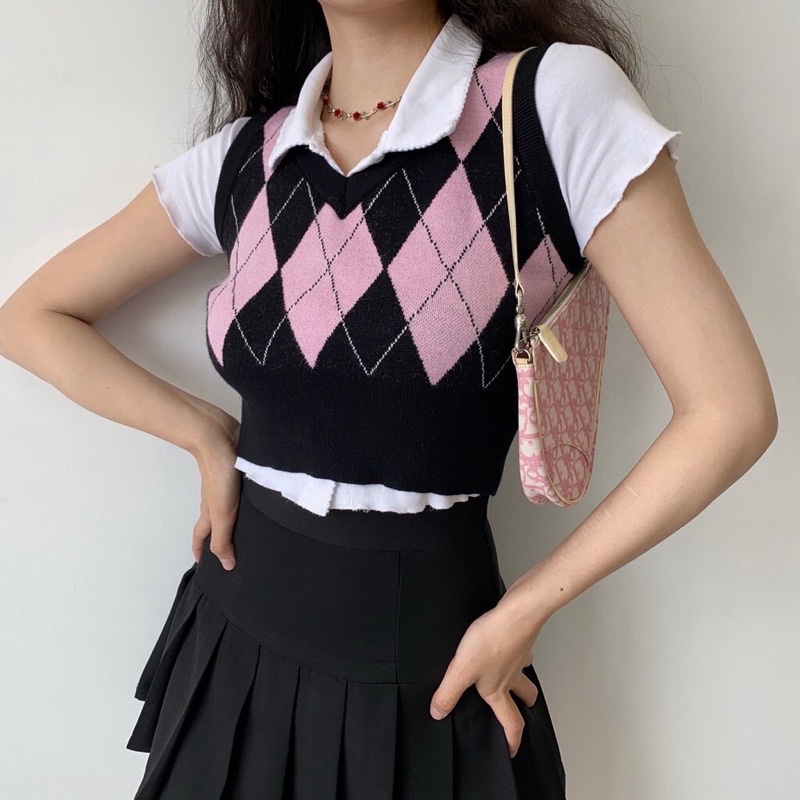 Áo Gile Len Cộc Tay Croptop Ôm Dáng Phong Cách Retro Hàn Quốc