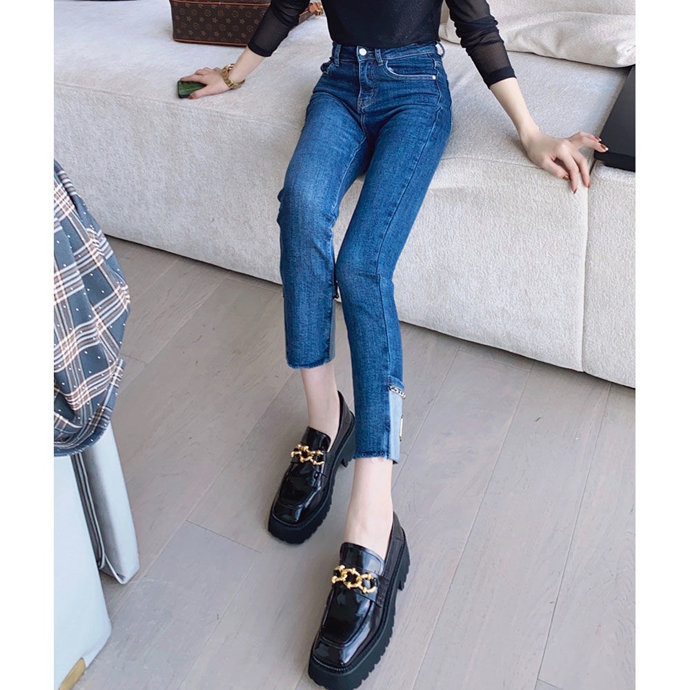 Quần Jean Lưng Cao Dáng Suông Thẳng Thiết Kế Hình Điếu Thuốc