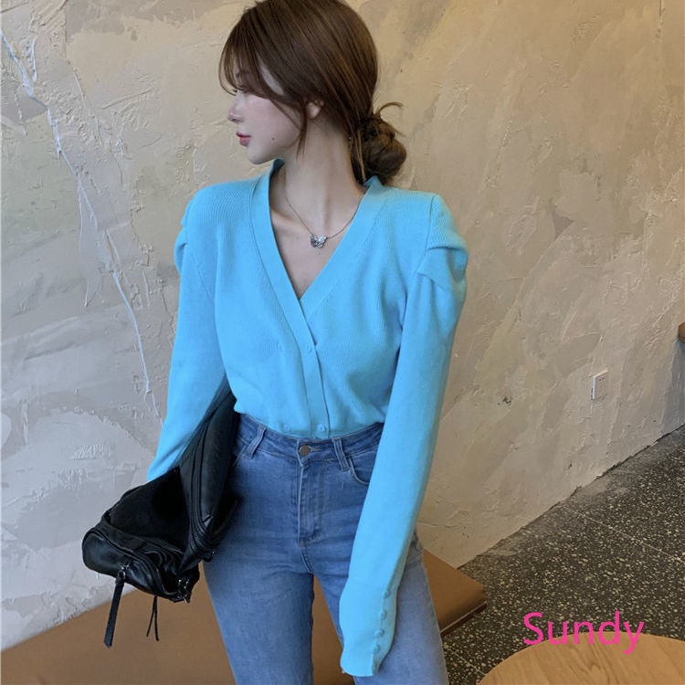 Áo Cardigan Dệt Kim Tay Dài Cổ Chữ V Thời Trang Mùa Thu Cho Nữ