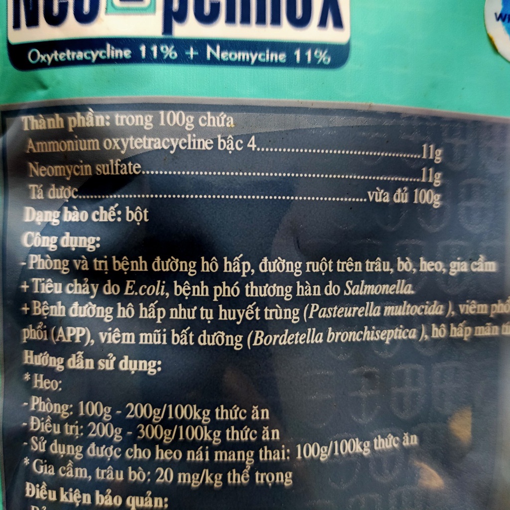 Phòng bệnh đường hô hấp, đường ruột trên heo, trâu bò, gia cầm Neo-pennox 100g