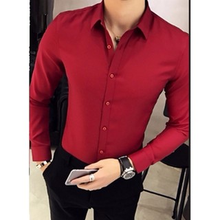 Áo sơ mi nam dài tay vải cotton mểm không nhăn màu đỏ đô