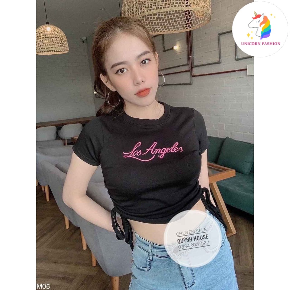 Áo Croptop Tay Ngắn Thun Ôm  Body Thể Thao Dây Rút 2 Bên Trắng / Đen Thêu Chữ Los Angles ACR003 Mys Aloha Kill System | BigBuy360 - bigbuy360.vn