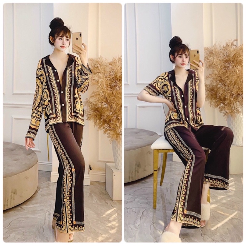 PIJAMA LỤA CLC  CỘC DÀI - DÀI DÀI LÁ VÀNG VERSACE 1 CCQC