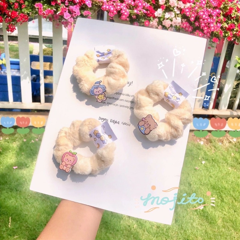 Cột tóc scrunchie lông hoạ tiết bò sữa/thỏ/gấu siêu êm tóc