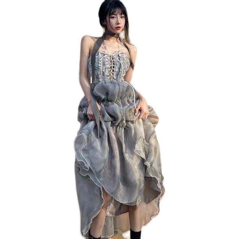 Đầm Hai Dây Phối Lưới Cột Dây Ngực Phong Cách Retro Pháp Thời Trang Đi Biển