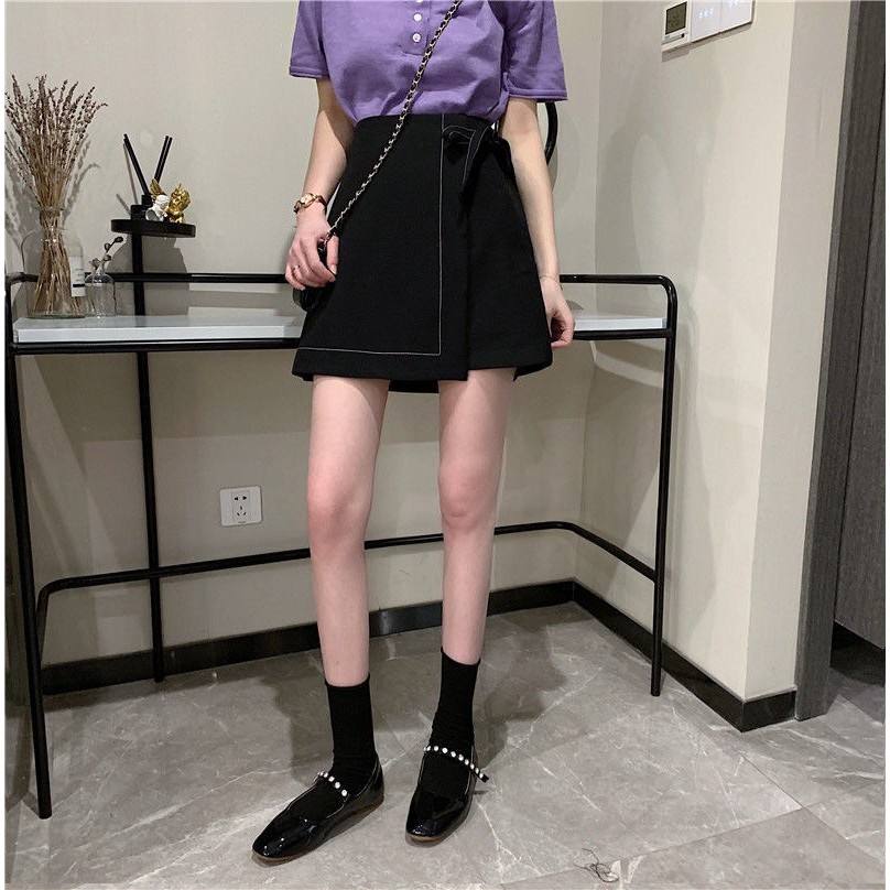 Chân váy kiểu nữ đính nơ eo viền chỉ nổi THUS, Váy chữ A dáng ngắn điệu đà tiểu thư THUS517