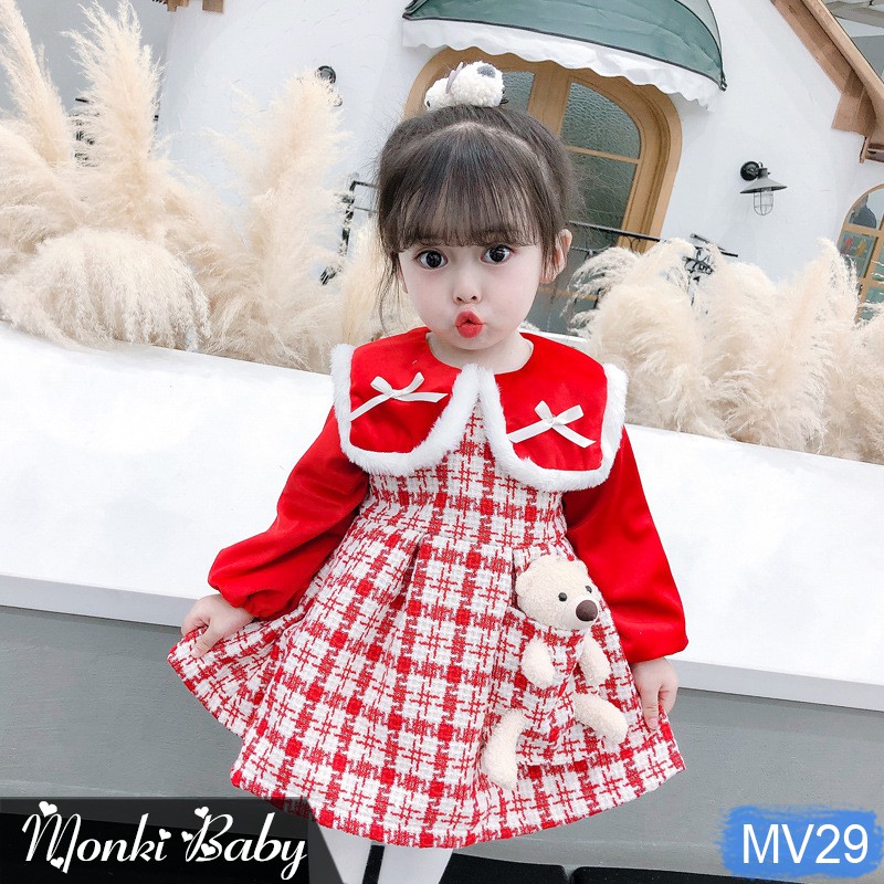 Váy dạ bé gái lót lông cùng gấu bông nhỏ xinh xắn, chất dạ xù dày dặn, mềm đẹp, dáng công chúa | MV29
