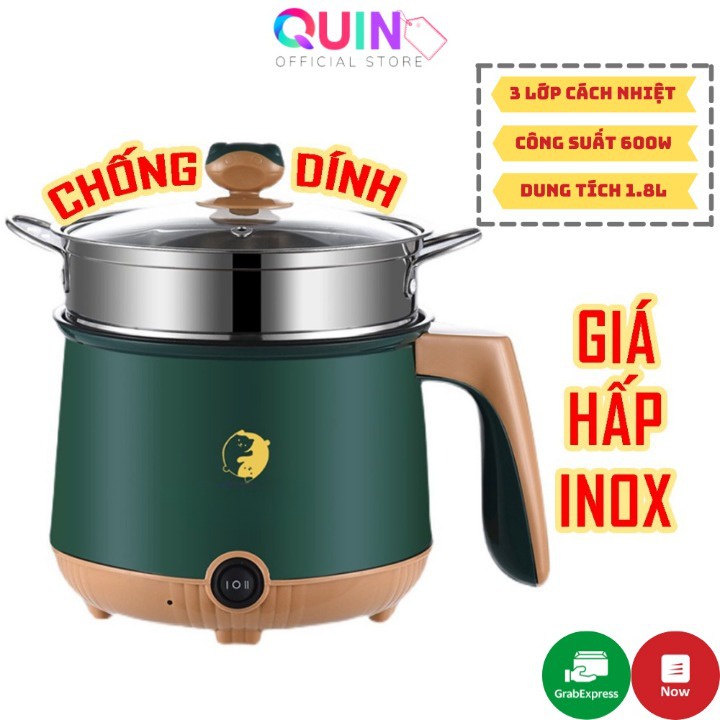 Nồi Lẩu Điện, Ca Nấu Mì Đa Năng Dung Tích 1.8L Kèm Giá Hấp Inox - Lòng Nồi Chống Dính