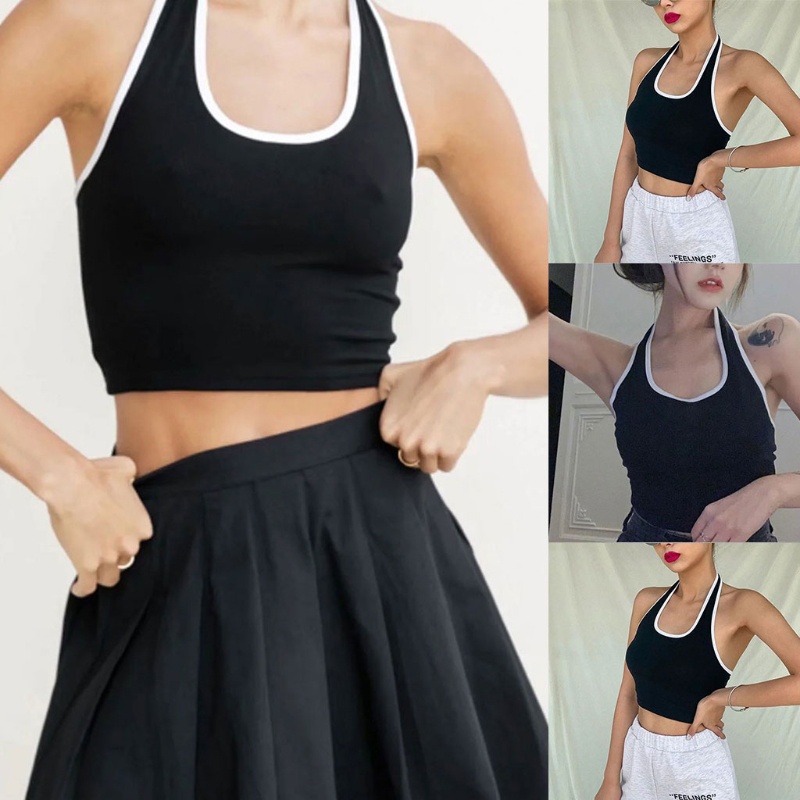 Áo Croptop Không Tay Cổ Chữ U Khoét Sâu Hở Lưng Màu Sắc Tương Phản Thời Trang Mùa Hè Quyến Rũ Cho Nữ
