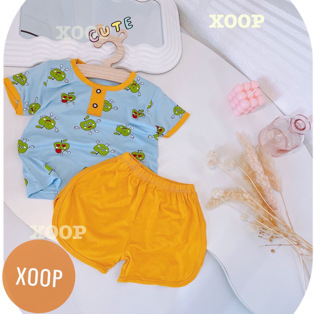 Bộ  cộc tay cổ trụ  chất thun lạnh in họa tiết mặt cười cho bé (size 8-18kg) BC2