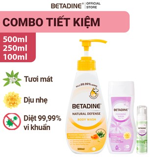 Bộ sữa tắm kháng khuẩn Betadine diệt 99.99% vi khuẩn 500ml+Dung dịch vệ sinh Tím 250ml+Bọt vệ sinh phụ nữ Xanh 100ml