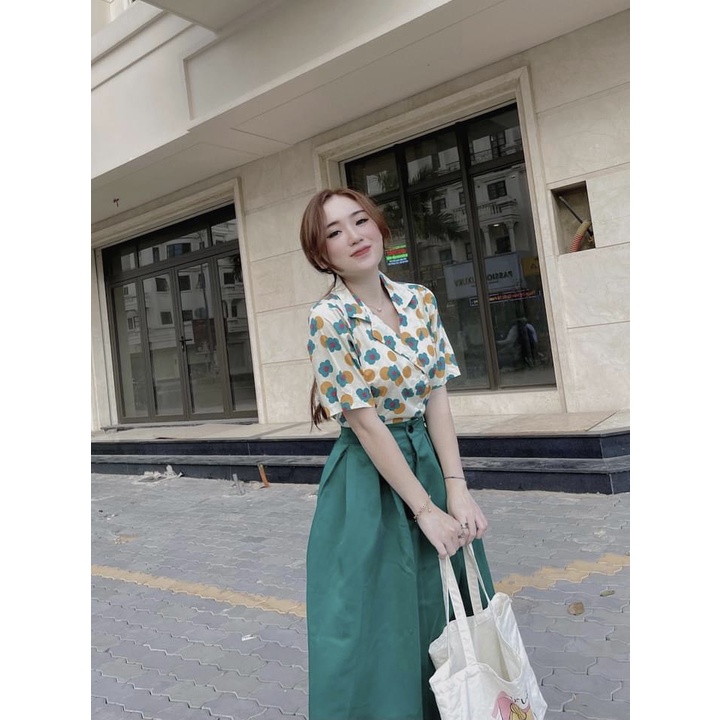 Set chân váy áo sơ mi cúc họa mi ngắn tay chân váy dài LT310