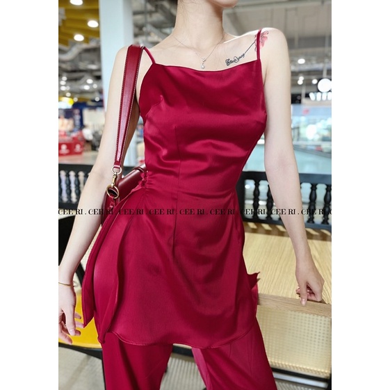 ( ẢNH THẬT - MẪU ĐỘC QUYỀN CEERI ) Set lụa cao cấp gồm áo hở lưng + quần lưng cao ( có mút ngực )