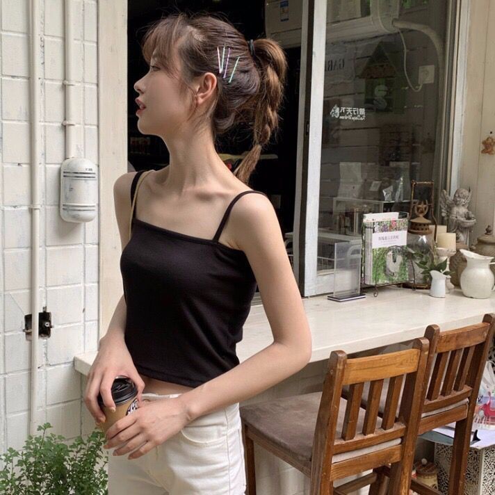 Áo Hai Dây Mỏng Màu Trắng/Đen Ôm Dáng Gợi Cảm Dễ Phối Đồ Cho Nữ