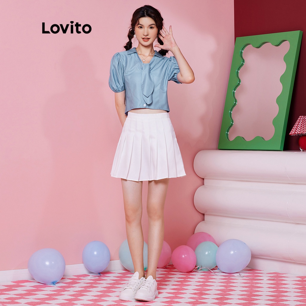 Áo cánh (Lovito Exclusive) DOPAMINE GIRLS Đơn giản Kont Polo Collar Puff Sleeve Preppy L28AE046 (Xanh lam nhạt)