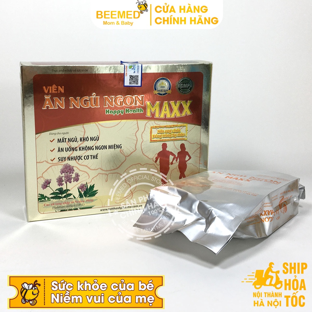 Ăn ngủ ngon Happy Health Max - Giúp giảm mất ngủ, ăn ngon, hộp 60v từ melatonin, đông trùng hạ thảo, sữa ong chúa