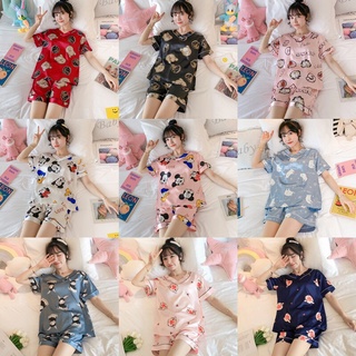Đồ bộ pijama, bộ lụa cộc đùi cổ chữ V hoạ tiết hoạt hình