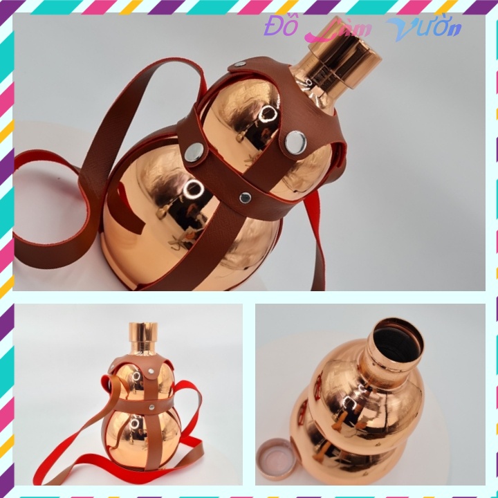 Bình hồ lô Inox 1.6 lít đựng nước màu đồng có bao da lủng